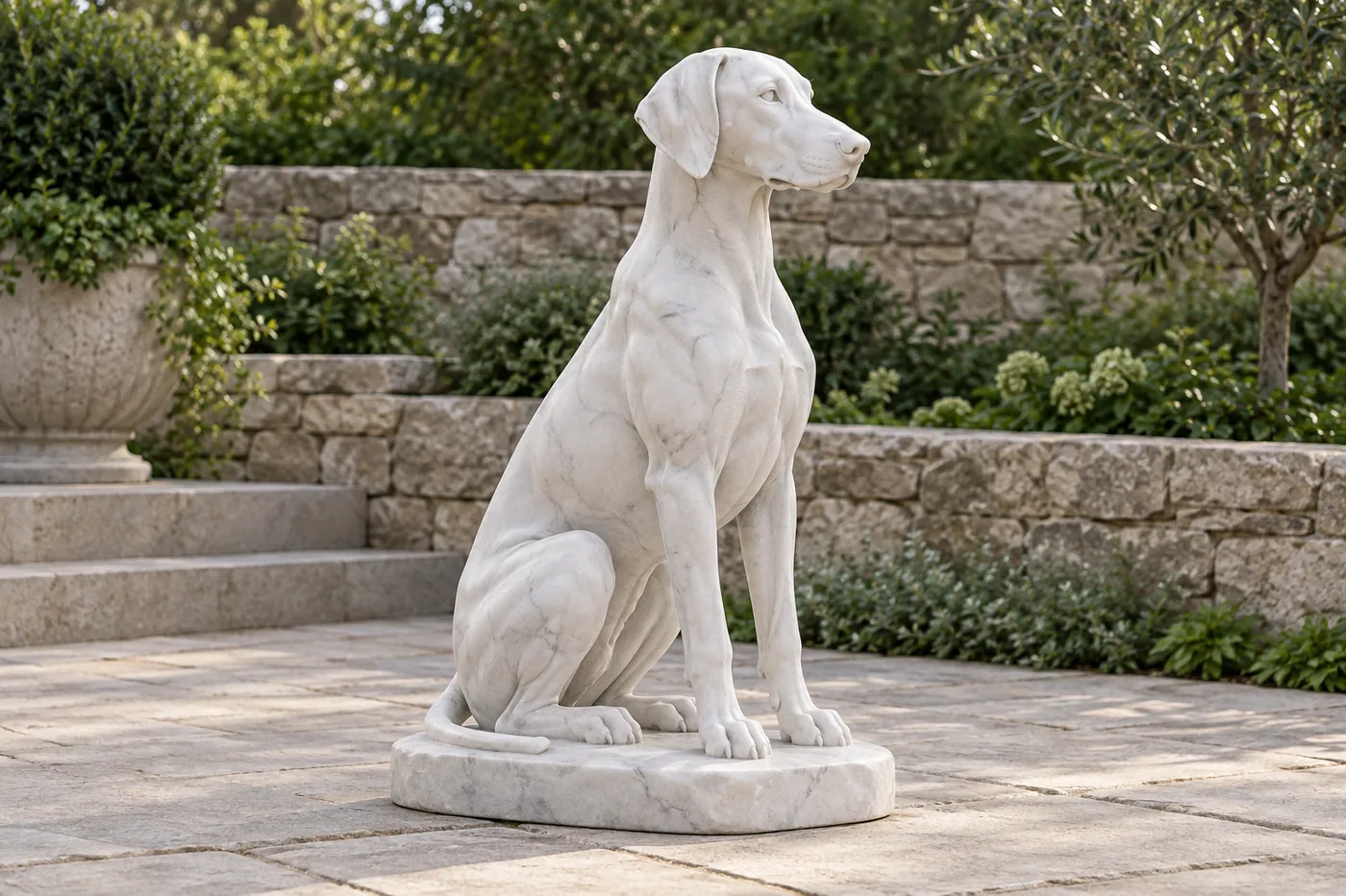 Seated white marble Doberman statue with natural dropped ears, carved stone eyes and nose, and a long tail supported along the base.