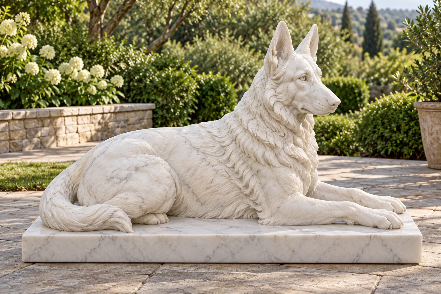 A reclining white marble German Shepherd sculpture with extended front paws on an integrated stone base.