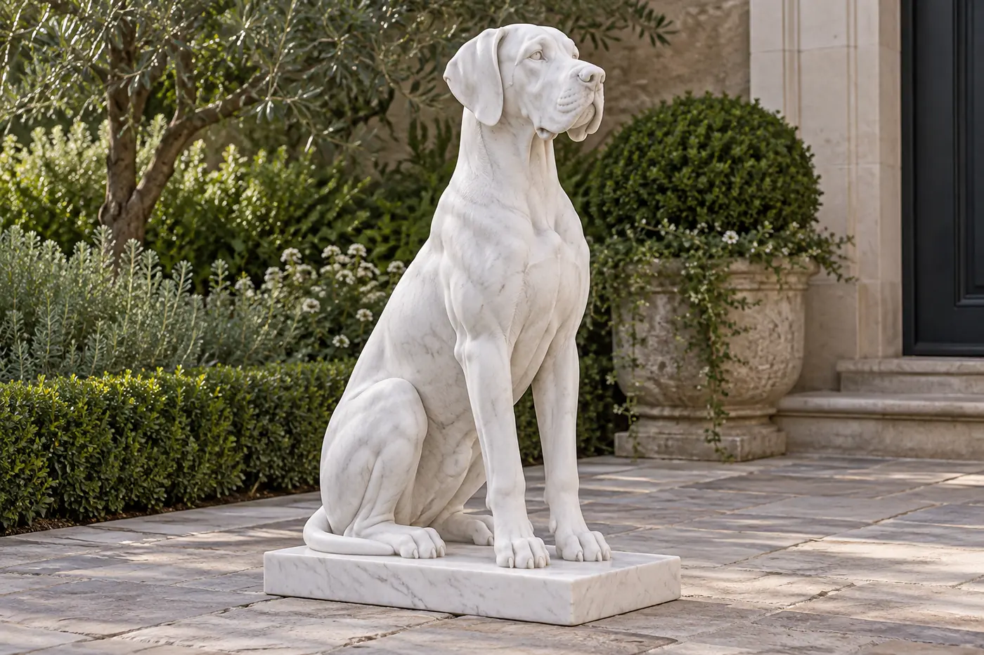 Seated white marble Great Dane with natural dropped ears, carved stone eyes and nose, long front legs and an integrated base.