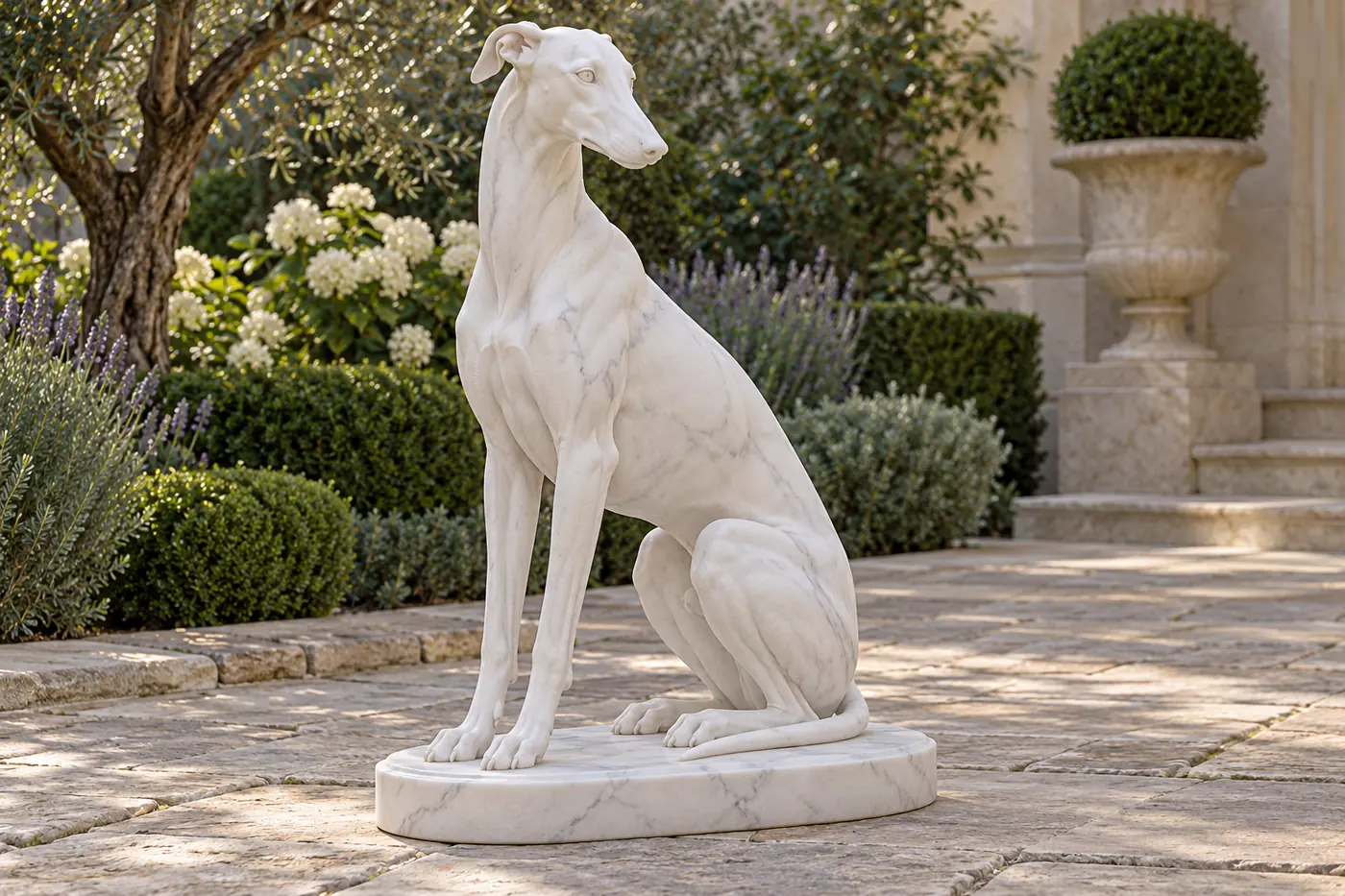 Seated white marble Greyhound with a long narrow head, carved stone eyes and nose, folded ears and a tail close to the base.