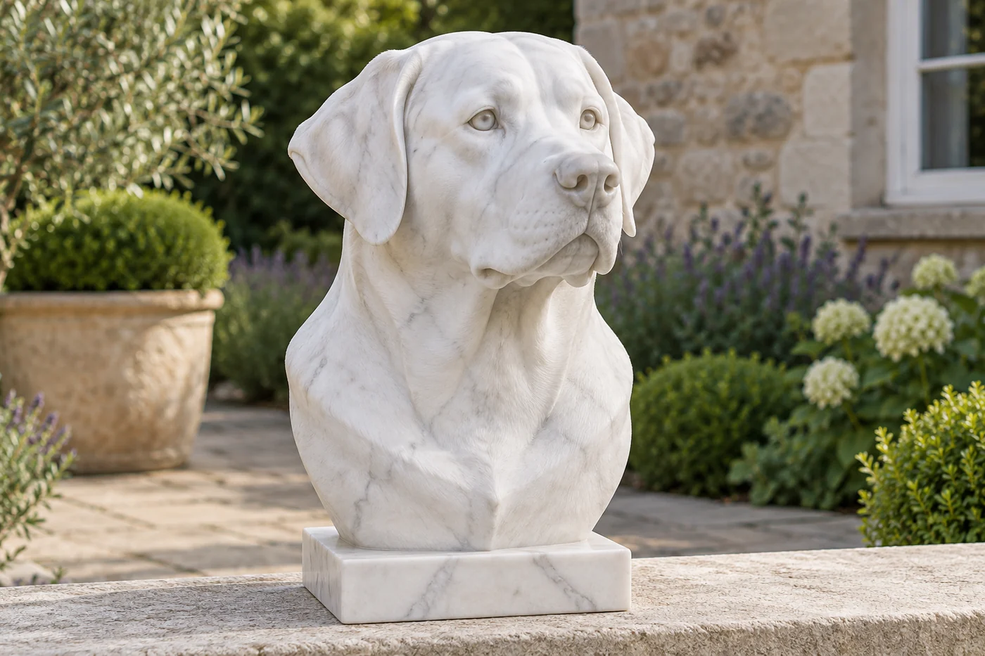 White marble Labrador head-and-shoulders bust with carved stone eyes and nose on a small rectangular stone plinth.