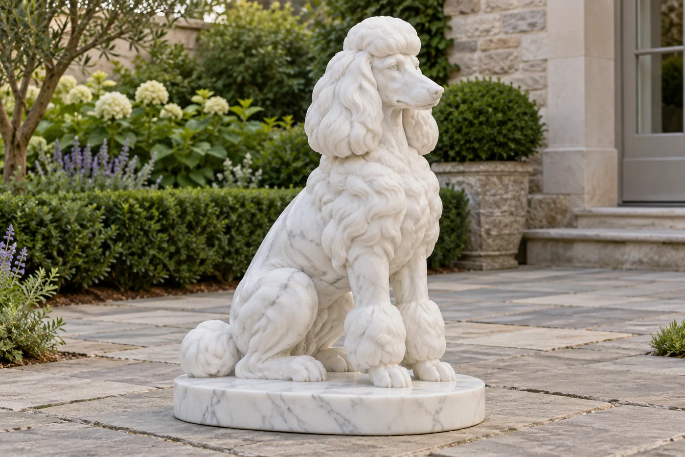 Seated white marble Poodle with carved stone eyes and nose, a rounded crown, full ear coat and broad grouped coat relief.