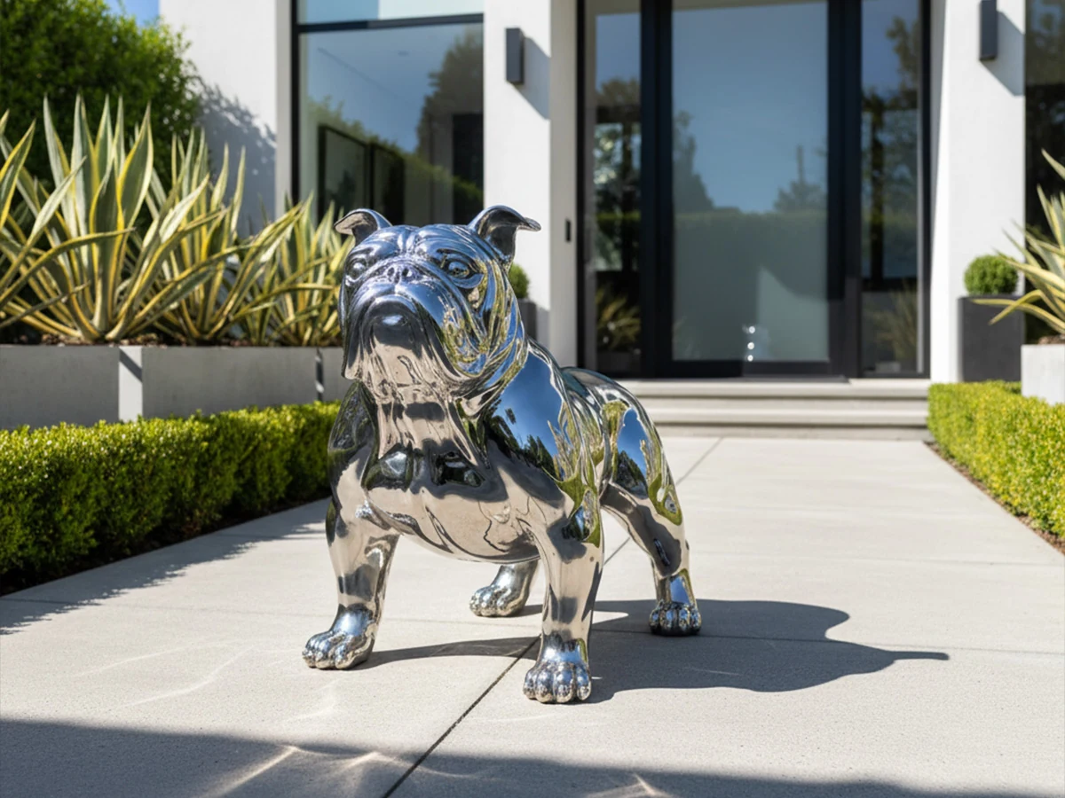 Mirror-polished stainless steel dog sculpture standing on paving near an entrance with planting and glass doors.