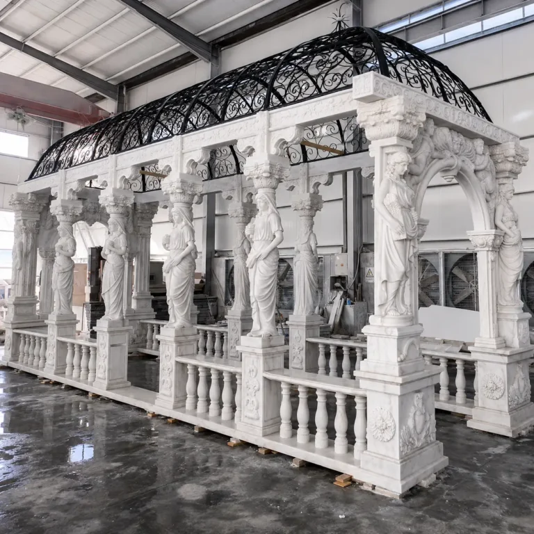 Pale stone columns beneath a blue curved canopy during workshop assembly