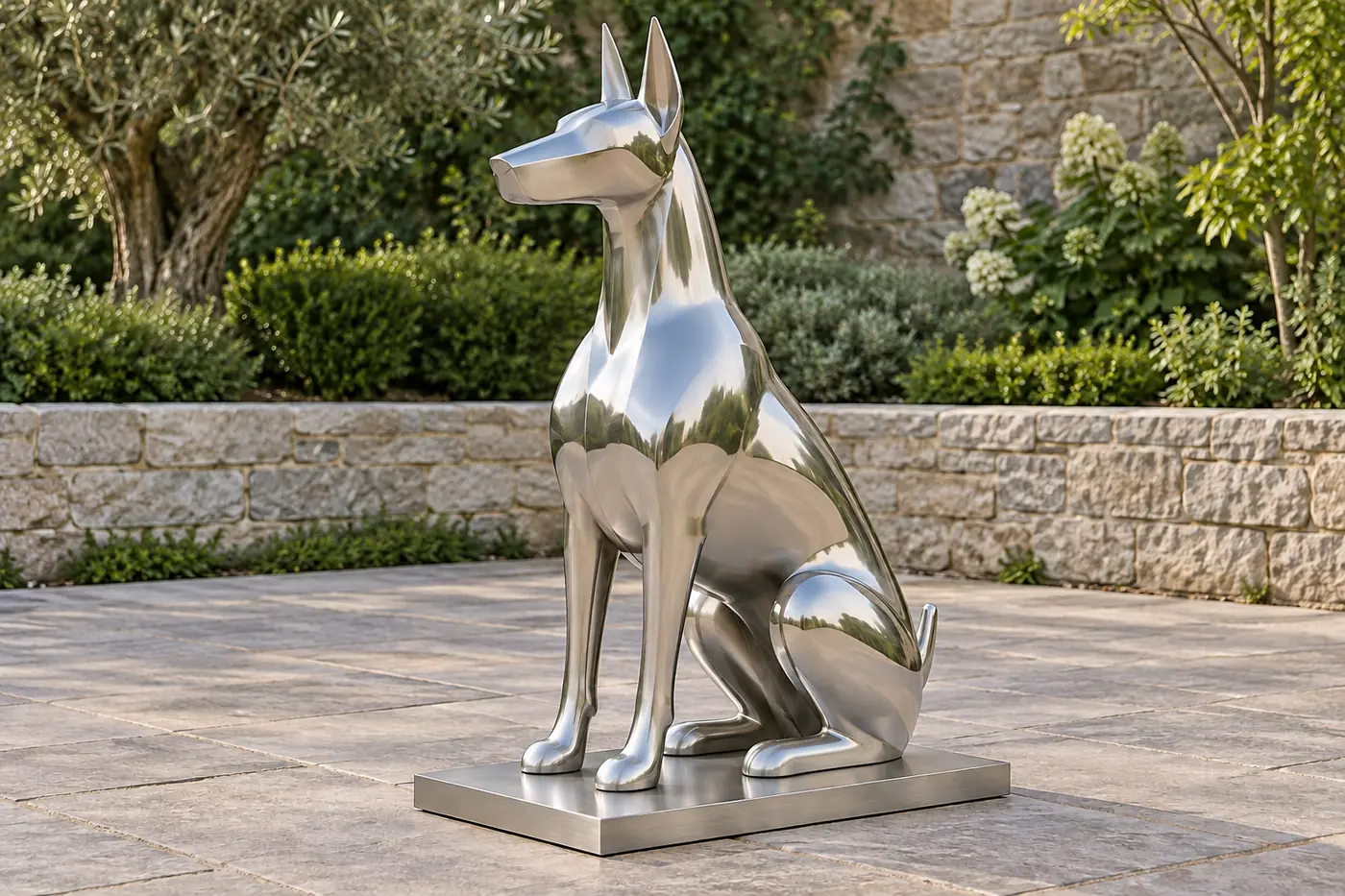 Abstract mirror-polished stainless steel Doberman with upright ears, a wedge-shaped muzzle, plain front legs and smooth rounded feet.