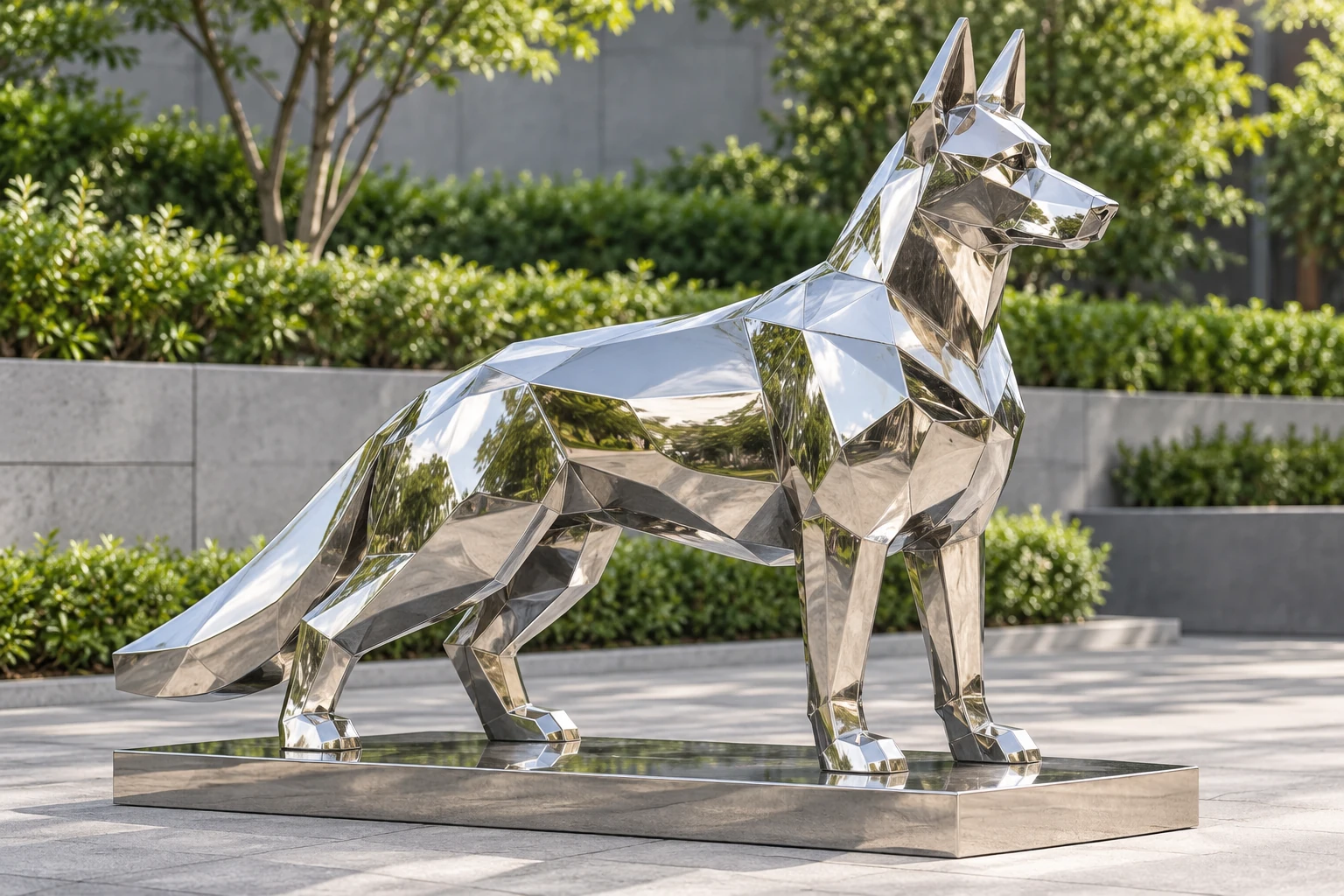 An abstract standing German Shepherd in mirror-polished stainless steel with broad facets.
