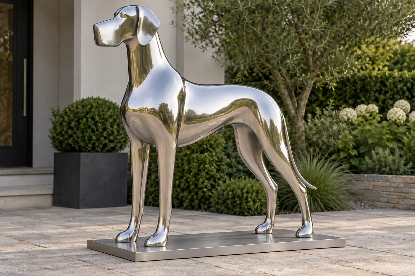 Abstract mirror-polished stainless steel Great Dane with a long rectangular muzzle, broad dropped ears, tall simple legs and plain rounded feet.