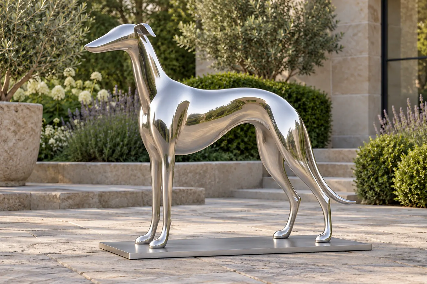 Abstract mirror-polished stainless steel Greyhound with a long tapered head, folded ear tabs, curved body and plain smooth feet.