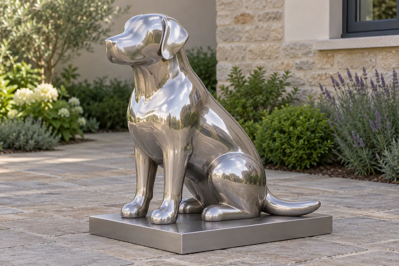 Abstract mirror-polished stainless steel Labrador with dropped ears, broad seated body, simple smooth feet and a rounded tail.