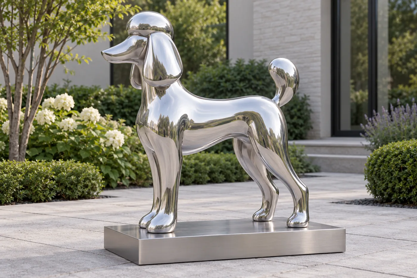 Abstract mirror-polished stainless steel Poodle with a rounded crown, dropped ear forms, a tapered muzzle and simple smooth legs and feet.