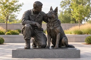 Concept visualization of a dark bronze dog handler kneeling beside a seated German Shepherd