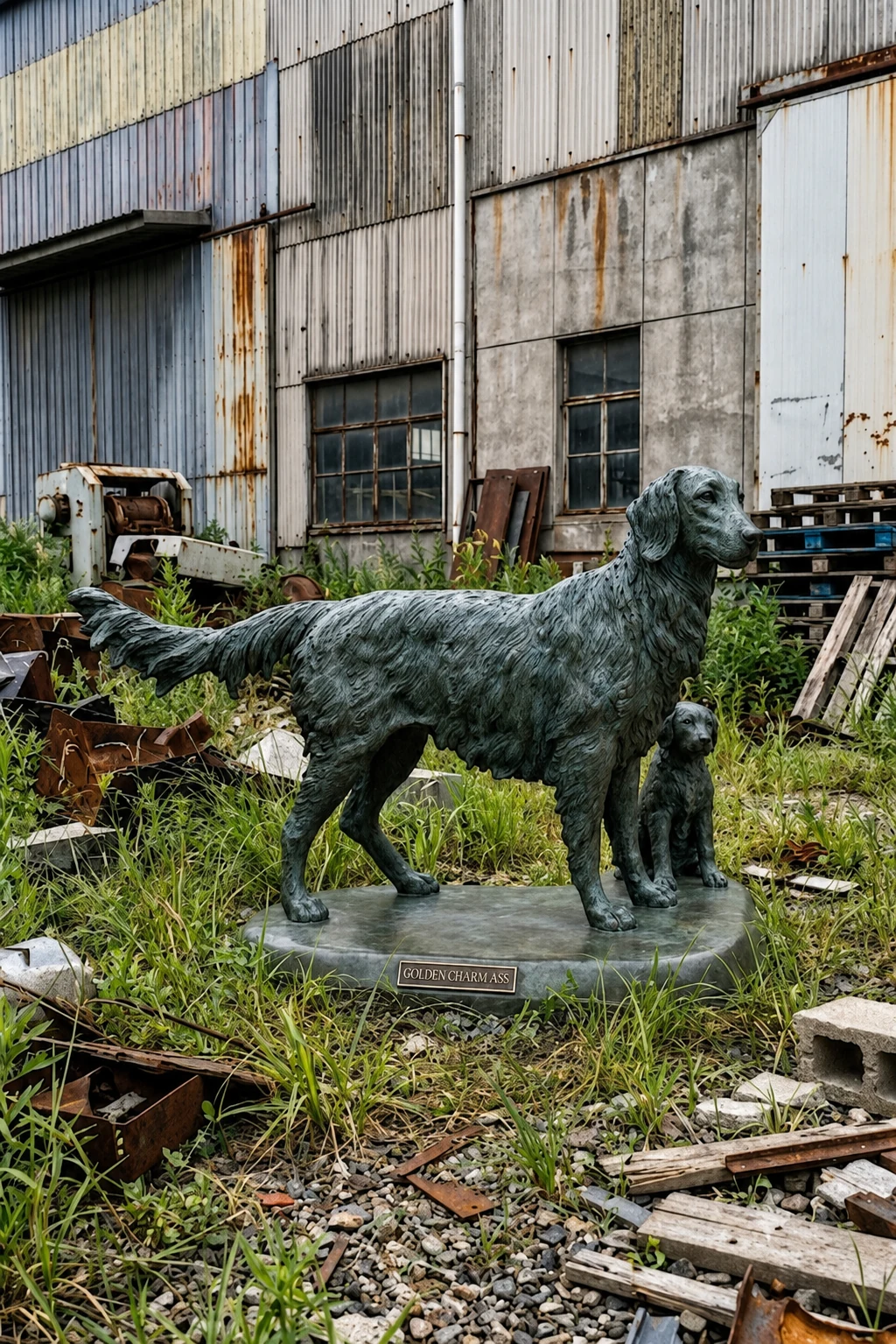 Standing dog and puppy sculpture with a long projecting tail and a shared base, photographed at the workshop.
