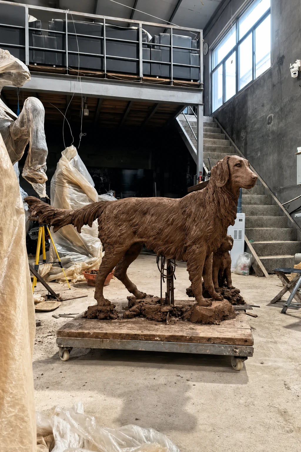Clay model of a standing dog and puppy on a workshop modelling platform, with supports visible beneath the figure.